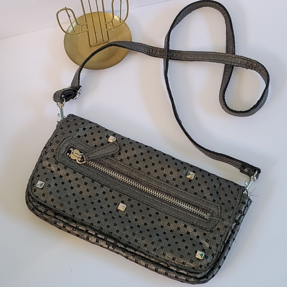 Linea Pelle Gunmetal Leather Envelope Crossbody Bag